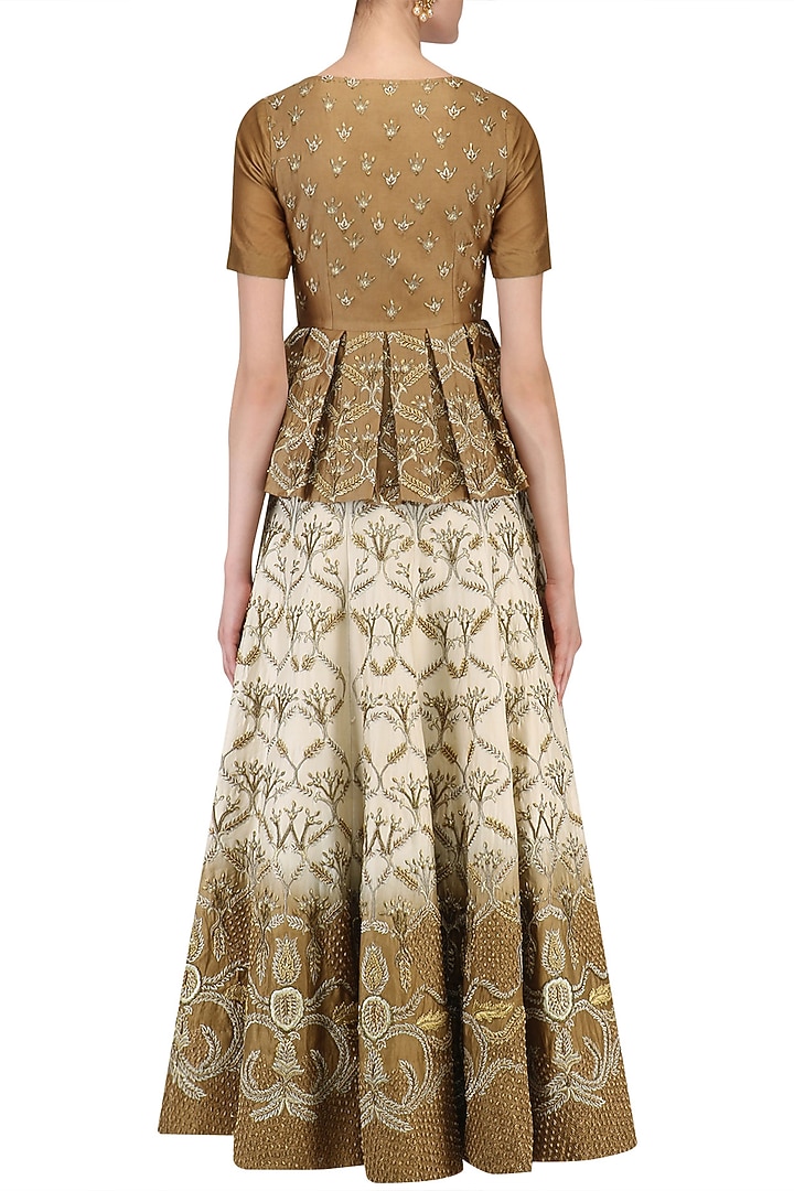 Cream and brown shaded zari embroidered lehenga set available only at Pernia's Pop Up Shop.