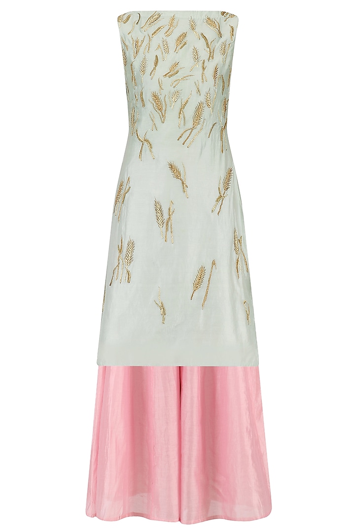 Mint green zari embroidered kurta with pink palazzo pants available only at Pernia's Pop Up Shop.