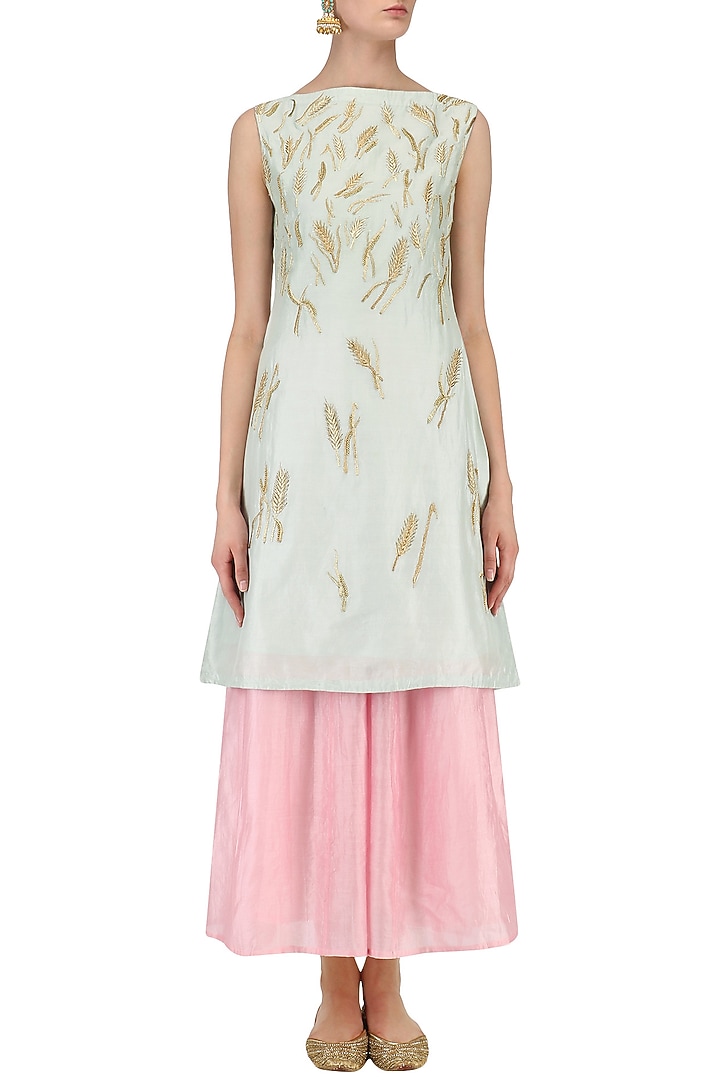 Mint green zari embroidered kurta with pink palazzo pants available only at Pernia's Pop Up Shop.