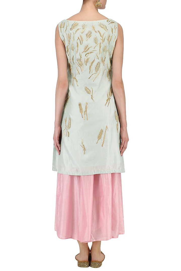 Mint green zari embroidered kurta with pink palazzo pants available only at Pernia's Pop Up Shop.