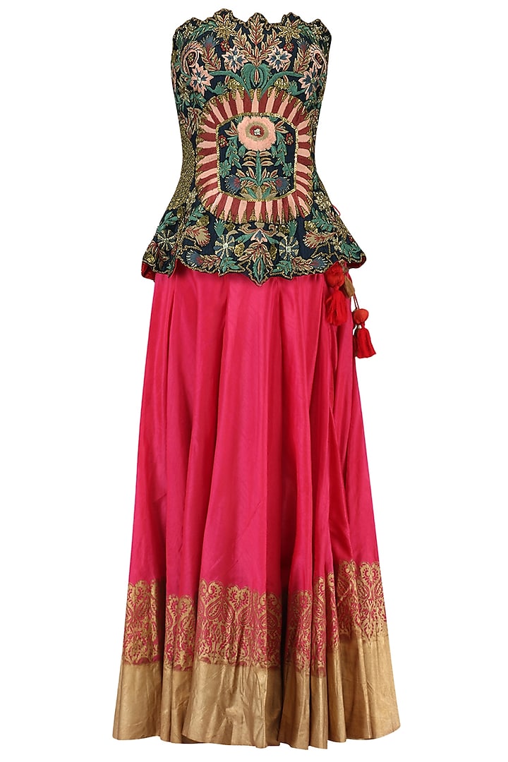 Navy Blue Floral Embroidered Peplum Top and Lehenga Set by Samant Chauhan