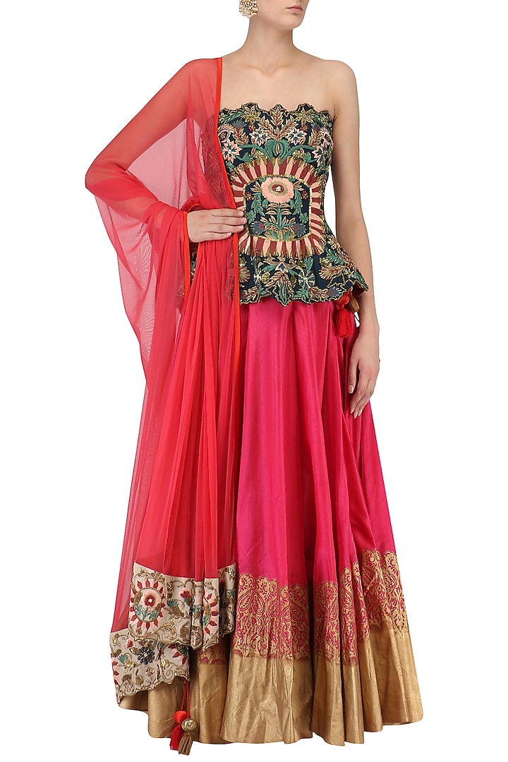 Embroidered Peplum Top And Lehenga Set