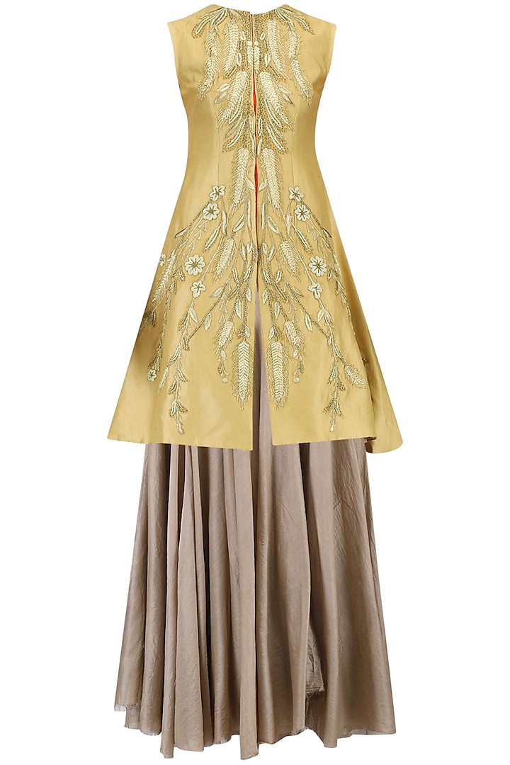 Beige Pleated Tunic and Embroidered Jacket Set by Samant Chauhan