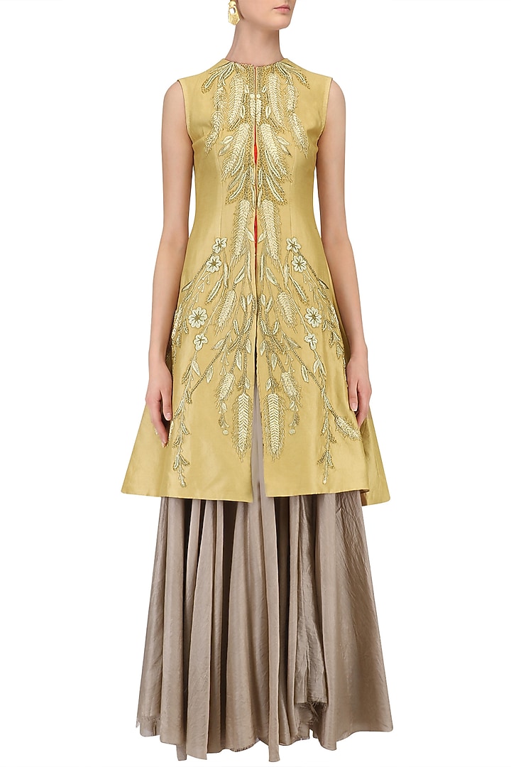 Beige pleated tunic and embroidered jacket set available only at Pernia's Pop Up Shop.