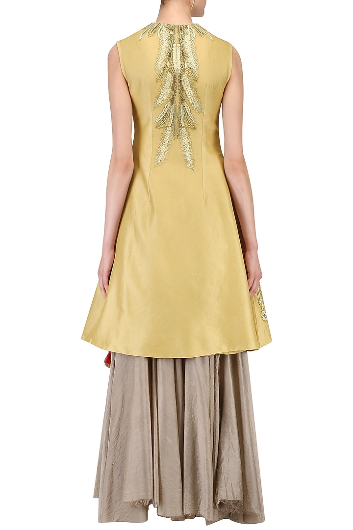 Beige pleated tunic and embroidered jacket set available only at Pernia's Pop Up Shop.