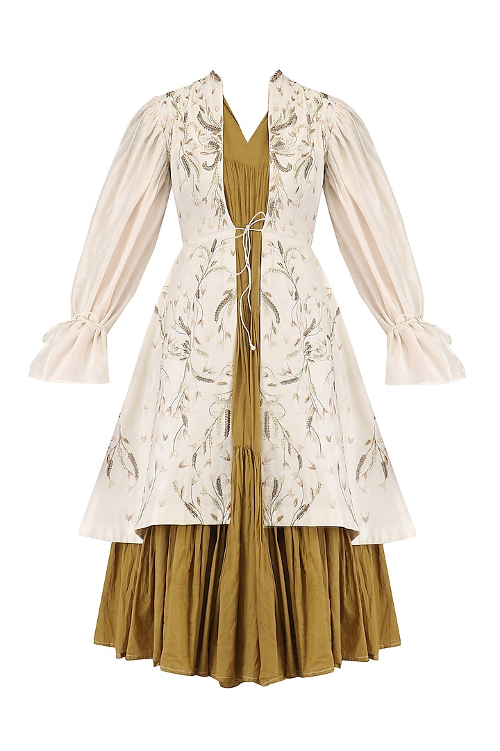 Olive green pleated tunic and embroidered jacket set available only at Pernia's Pop Up Shop.
