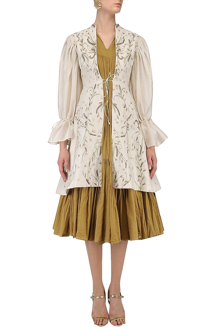 Olive green pleated tunic and embroidered jacket set available only at Pernia's Pop Up Shop.