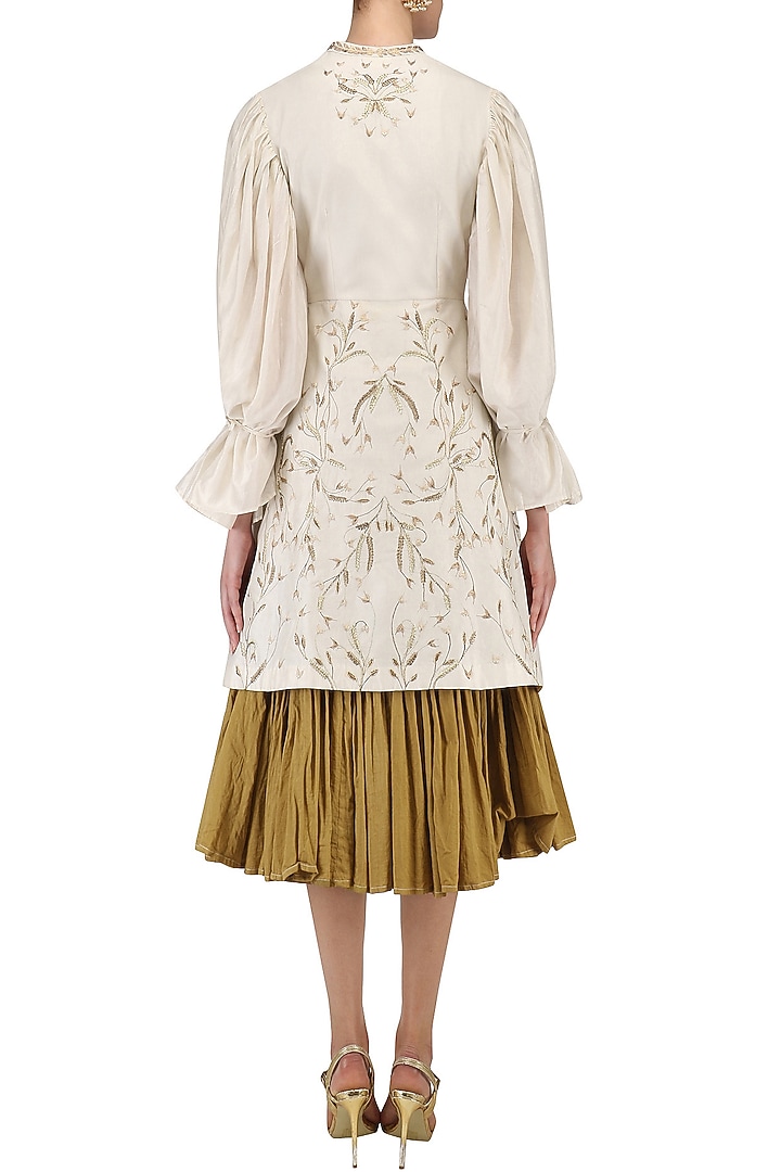 Olive green pleated tunic and embroidered jacket set available only at Pernia's Pop Up Shop.