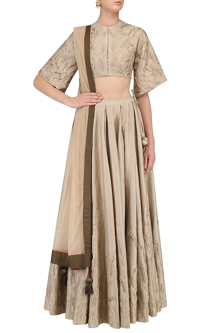 Beige zari embroidered lehenga set available only at Pernia's Pop Up Shop.