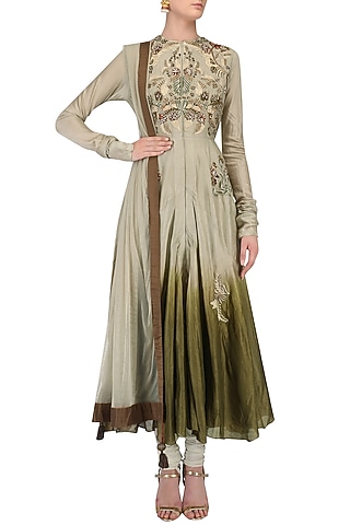 Grey Ombre Zari Embroidered Anarkali Set by Samant Chauhan