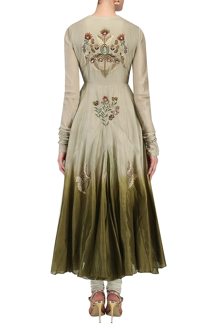 Grey ombre zari embroidered anarkali set available only at Pernia's Pop Up Shop.