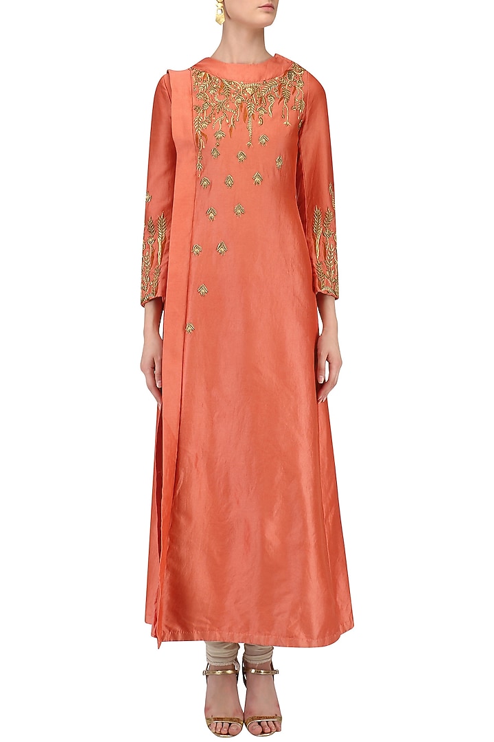 Orange zari embroidered motifs kurta available only at Pernia's Pop Up Shop.
