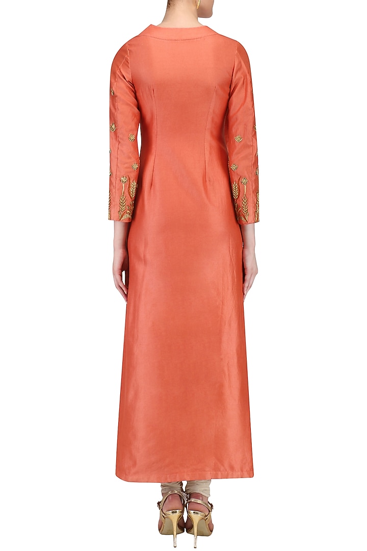Orange zari embroidered motifs kurta available only at Pernia's Pop Up Shop.