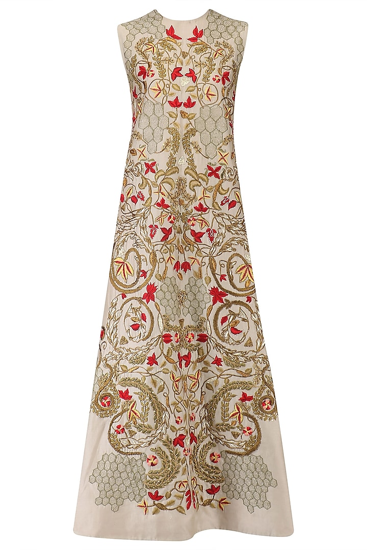 Grey Floral Embroidered A Line Dress by Samant Chauhan