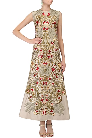 Grey Floral Embroidered A Line Dress by Samant Chauhan
