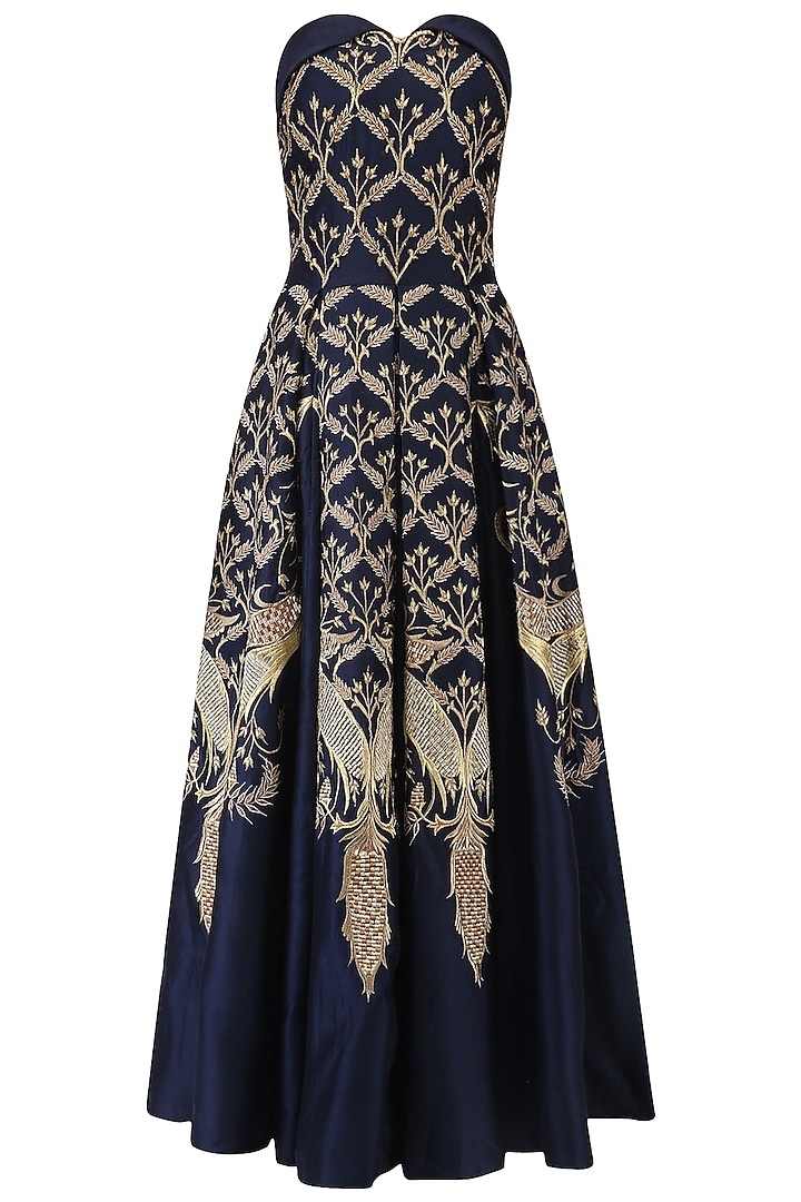 Navy blue floral embroidered off shoulder gown available only at Pernia ...