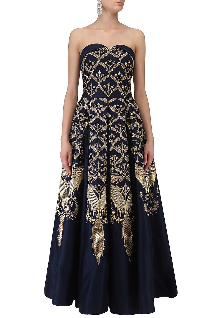 Navy blue floral embroidered off shoulder gown available only at Pernia's Pop Up Shop.