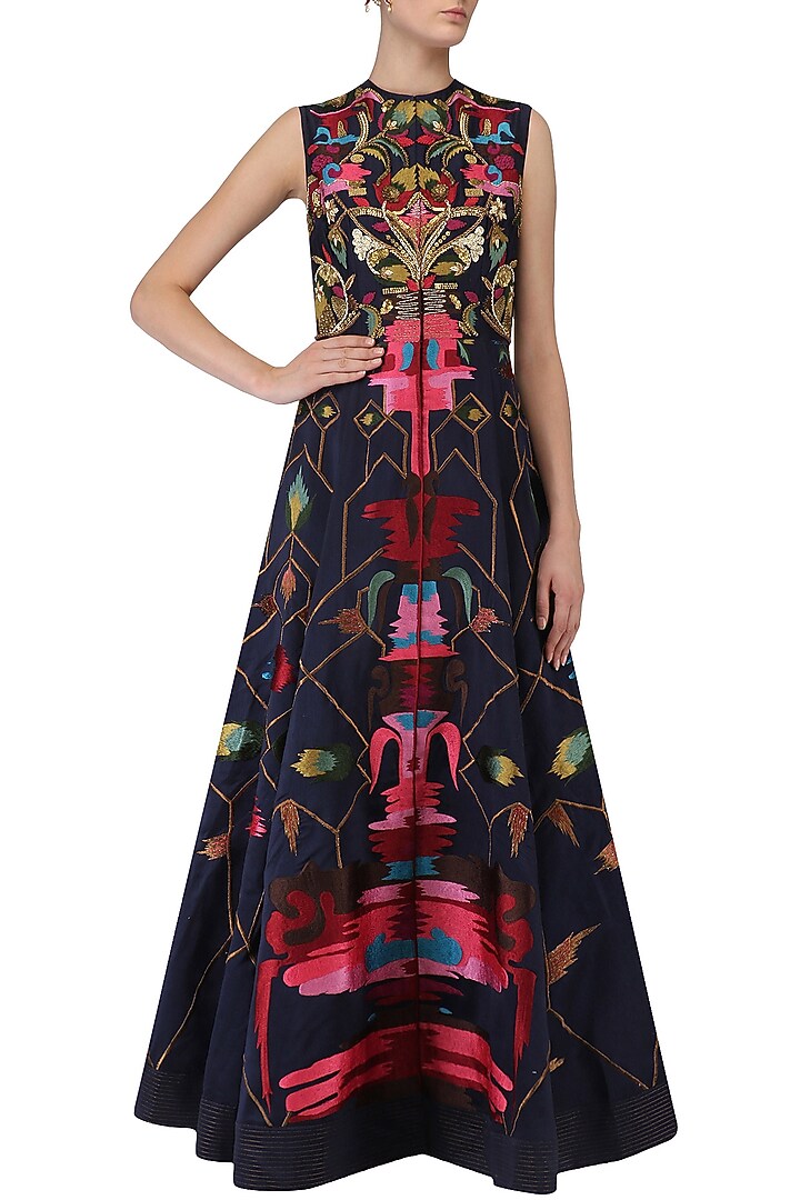 Navy blue zari embroidered flared gown available only at Pernia's Pop Up Shop.