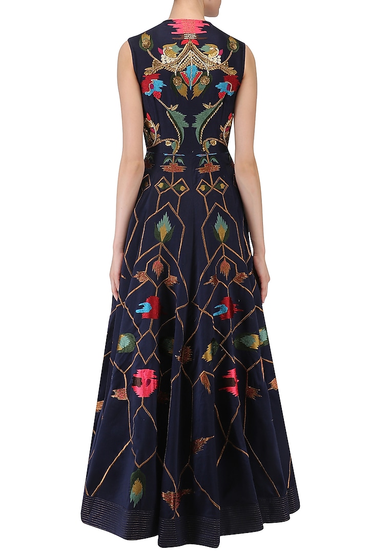 Navy blue zari embroidered flared gown available only at Pernia's Pop Up Shop.