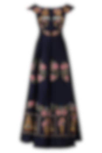 Navy Blue Floral Embroidered Front Open Flared Gown by Samant Chauhan