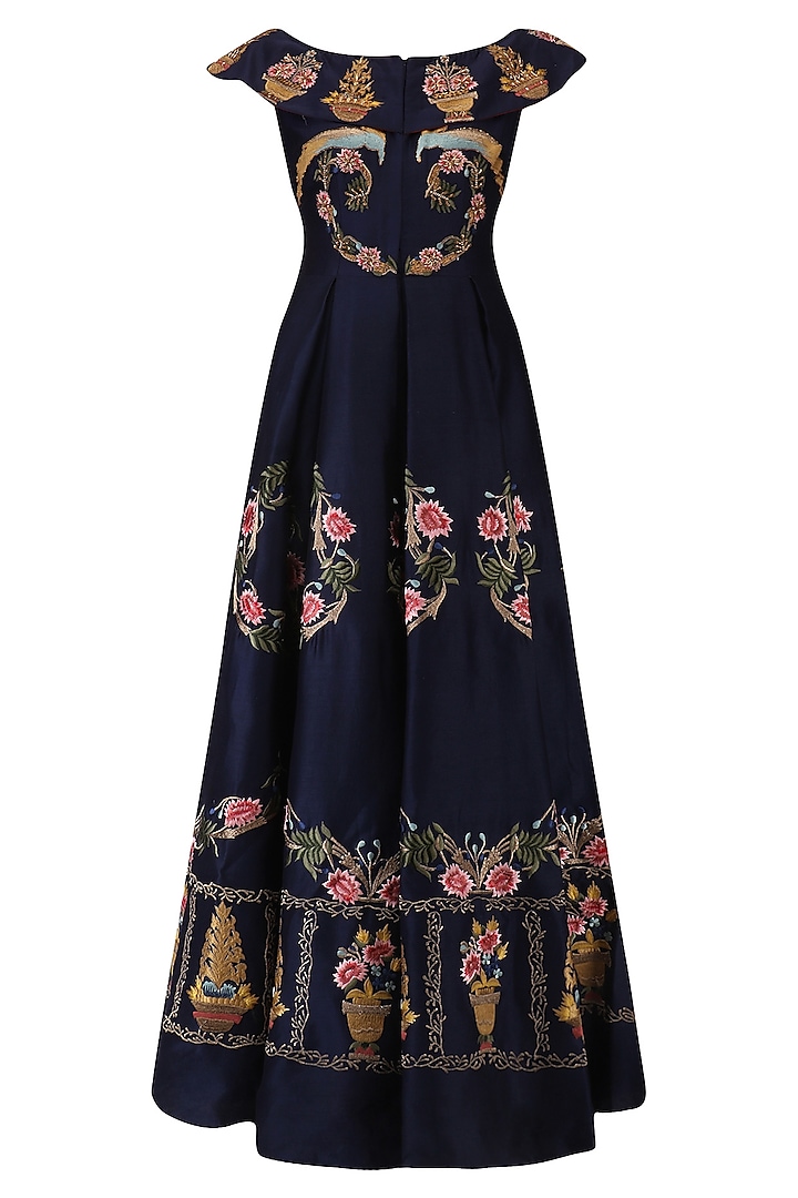 Navy Blue Floral Embroidered Front Open Flared Gown by Samant Chauhan