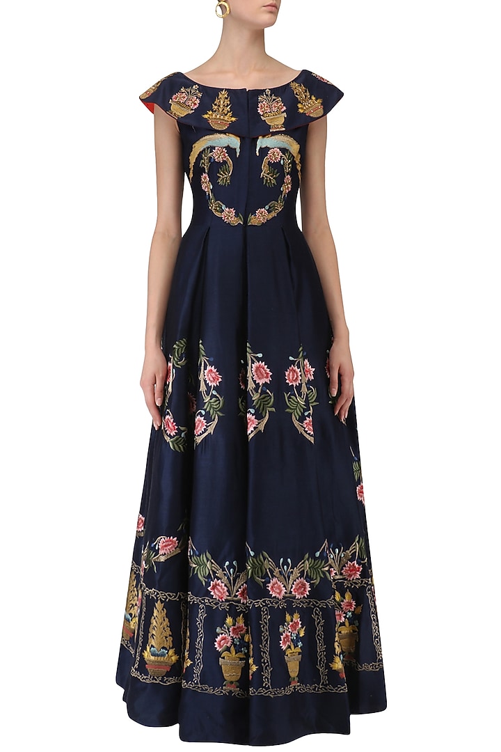 Navy blue floral embroidered front open flared gown available only at Pernia's Pop Up Shop.