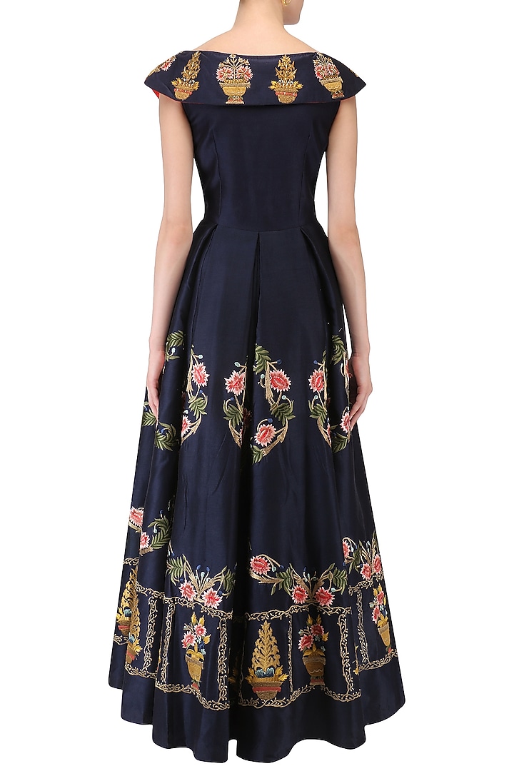 Navy blue floral embroidered front open flared gown available only at Pernia's Pop Up Shop.