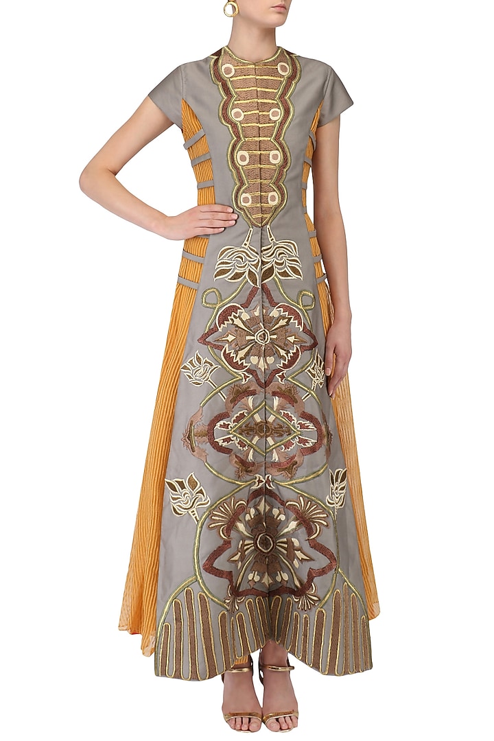 Grey embroidered front open layered gown available only at Pernia's Pop Up Shop.