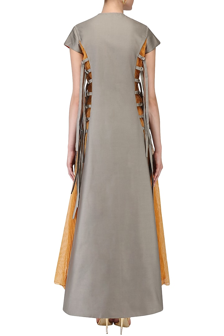 Grey embroidered front open layered gown available only at Pernia's Pop Up Shop.