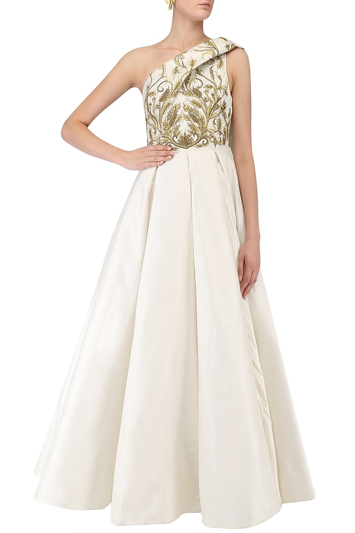 Off white floral embroidered one shoulder gown available only at Pernia's Pop Up Shop.