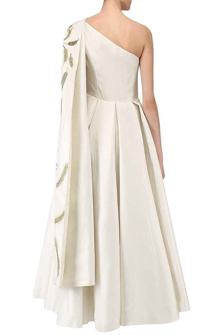 Off white floral embroidered one shoulder gown available only at Pernia's Pop Up Shop.