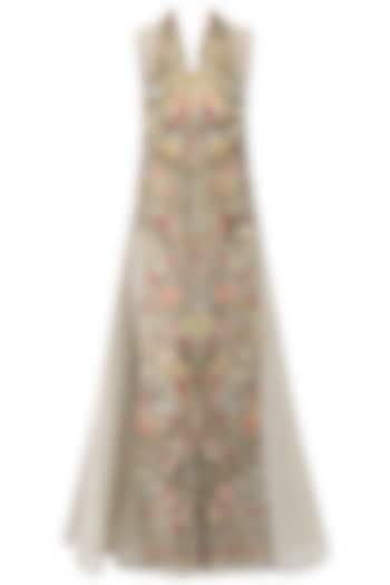 Grey Floral Zari Embroidered A Line Dress by Samant Chauhan