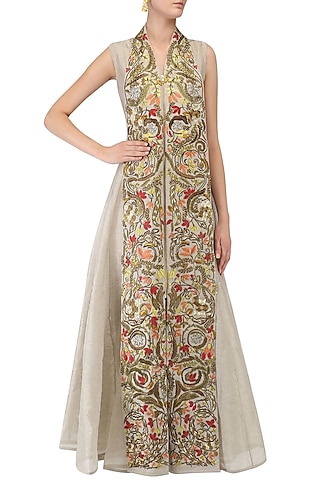 Grey Floral Zari Embroidered A Line Dress by Samant Chauhan