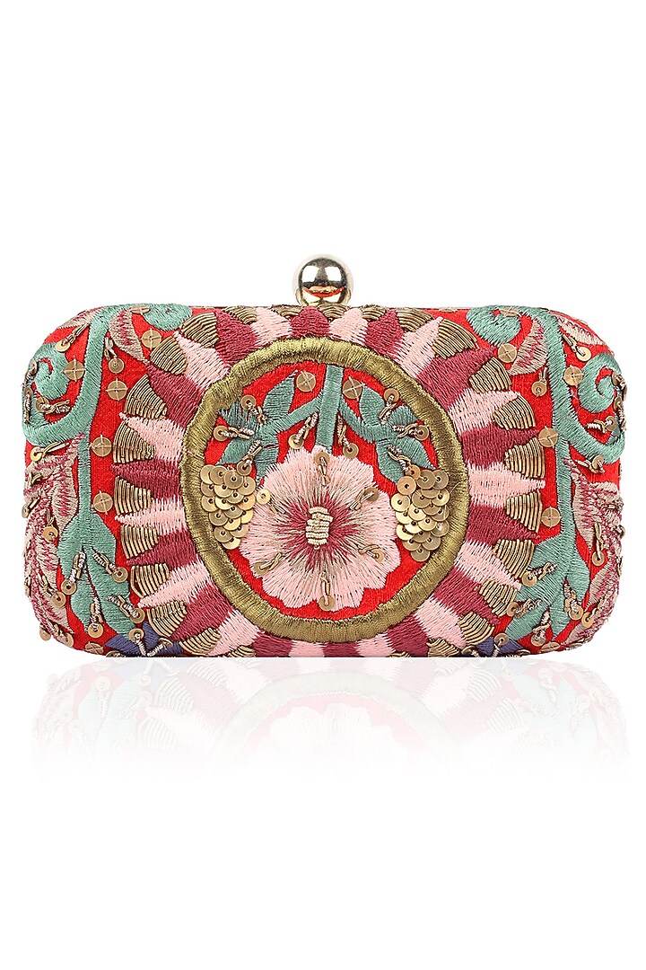 Samant Chauhan presents Red floral embroidered rectangular box clutch available only at Pernia's Pop Up Shop.