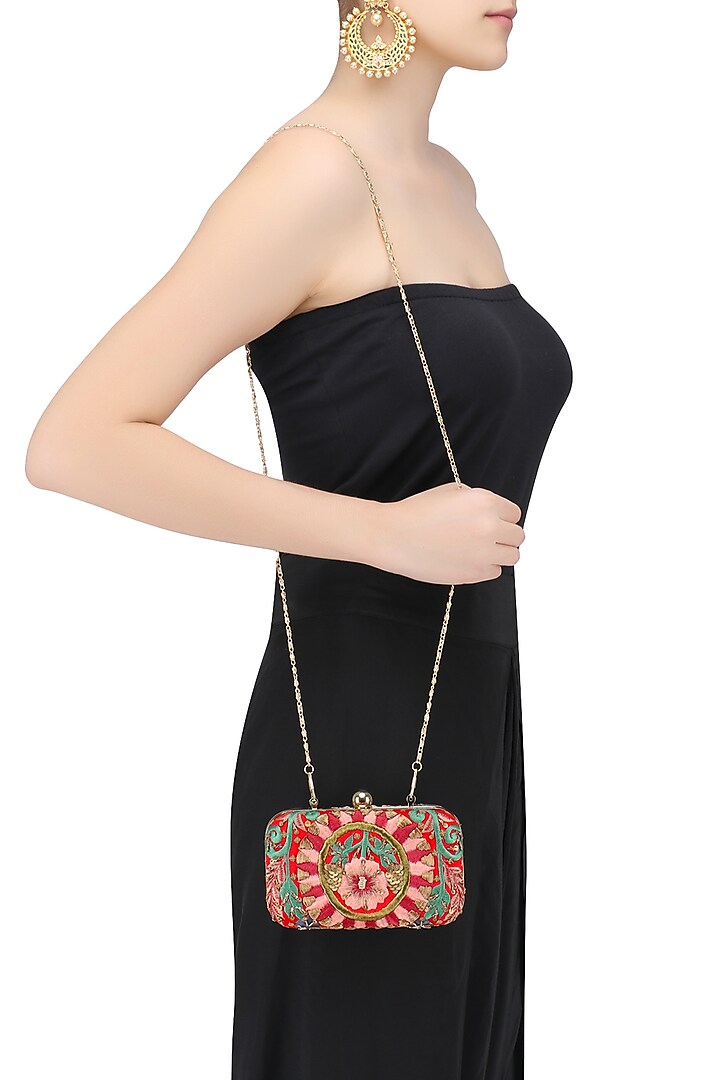 Red Floral Embroidered Rectangular Box Clutch by Samant Chauhan Accessories