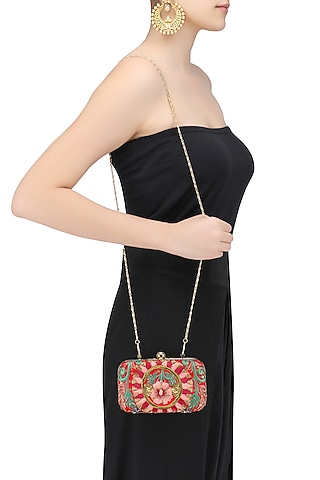 Red Floral Embroidered Rectangular Box Clutch by Samant Chauhan Accessories