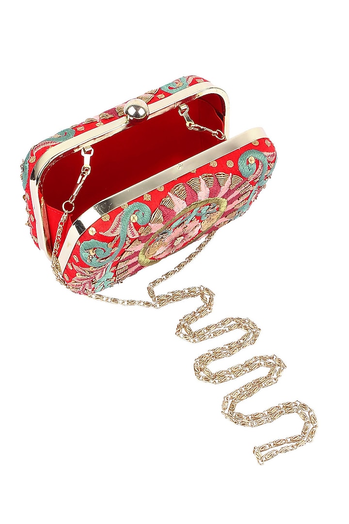 Samant Chauhan presents Red floral embroidered rectangular box clutch available only at Pernia's Pop Up Shop.