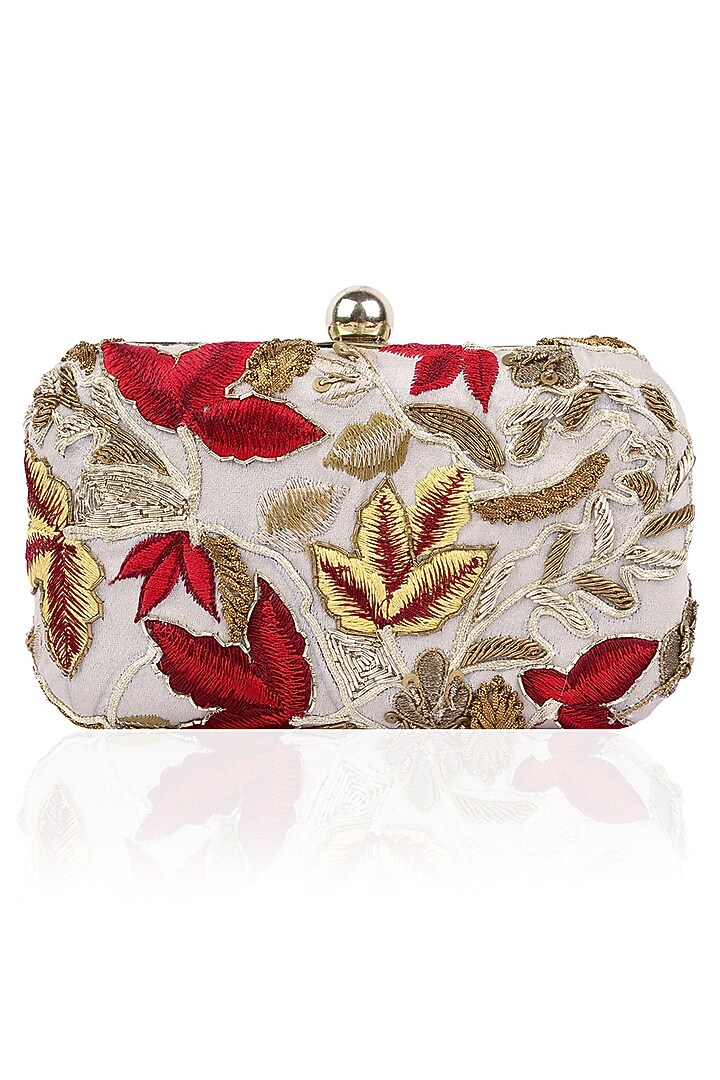 Samant Chauhan presents Grey floral embroidered rectangular box clutch available only at Pernia's Pop Up Shop.