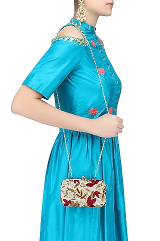 Grey Floral Embroidered Rectangular Box Clutch by Samant Chauhan Accessories