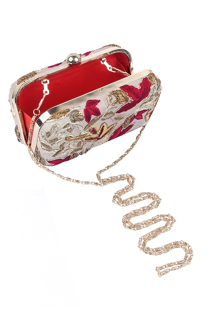 Samant Chauhan presents Grey floral embroidered rectangular box clutch available only at Pernia's Pop Up Shop.