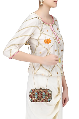 Red Silk Thread and Zari Embroidered Box Clutch by Samant Chauhan Accessories