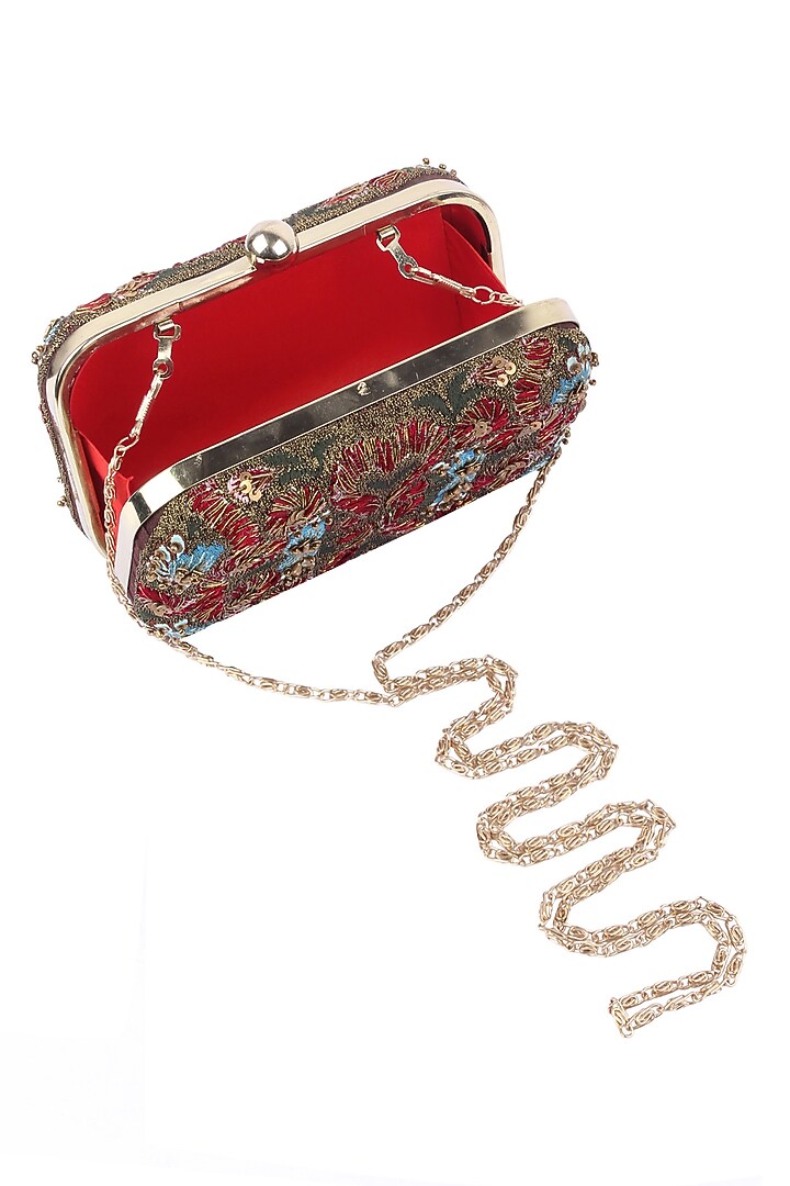Samant Chauhan presents Red silk thread and zari embroidered box clutch available only at Pernia's Pop Up Shop.