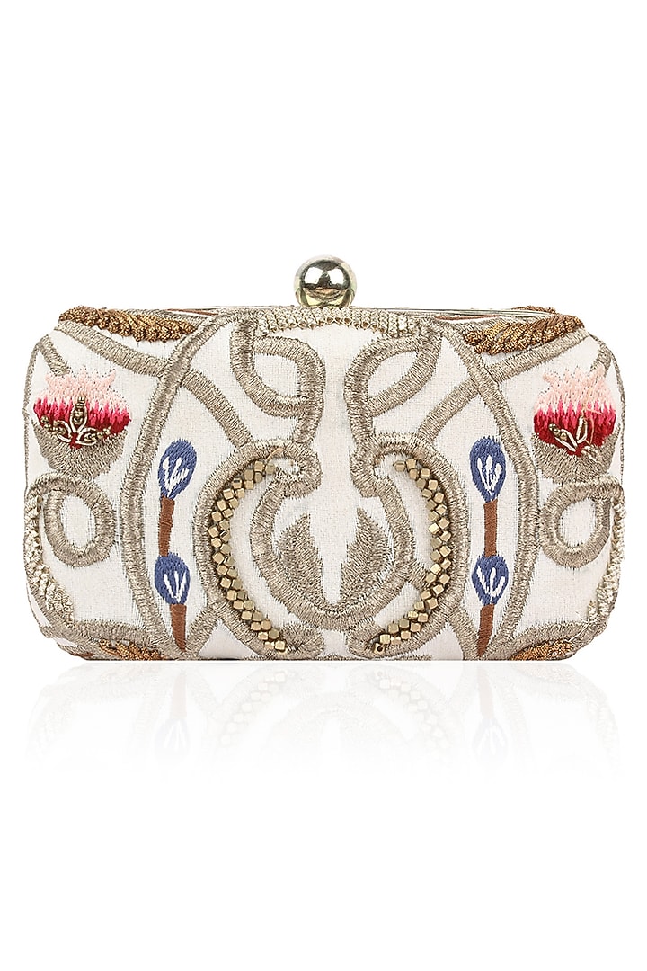 Samant Chauhan presents White silk thread and zari embroidered box clutch available only at Pernia's Pop Up Shop.