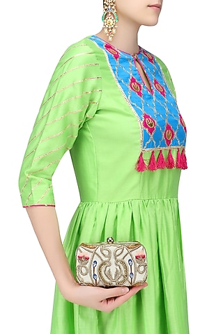 White Silk Thread and Zari Embroidered Box Clutch by Samant Chauhan Accessories