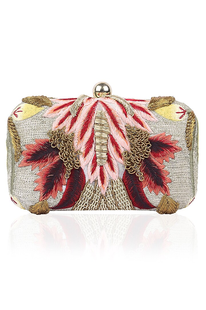 Samant Chauhan presents Gold silk thread and zari embroidered box clutch available only at Pernia's Pop Up Shop.