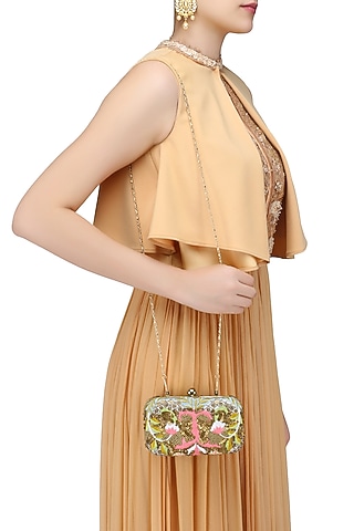 Green Silk Thread and Zari Embroidered Box Clutch by Samant Chauhan Accessories