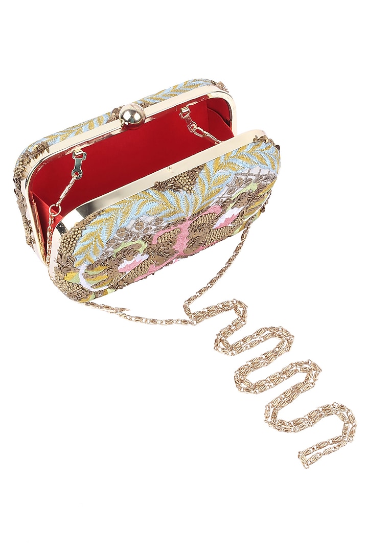 Samant Chauhan presents Green silk thread and zari embroidered box clutch available only at Pernia's Pop Up Shop.