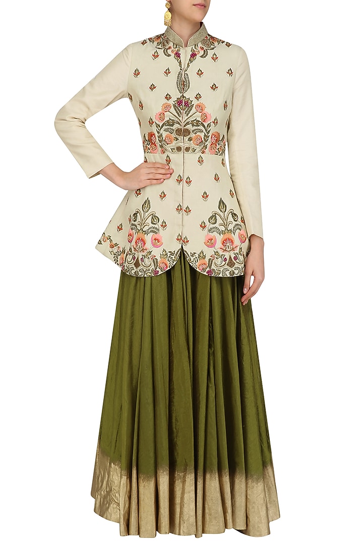 Gold floral embroidered jacket with olive shaded skirt available only at Pernia's Pop Up Shop.