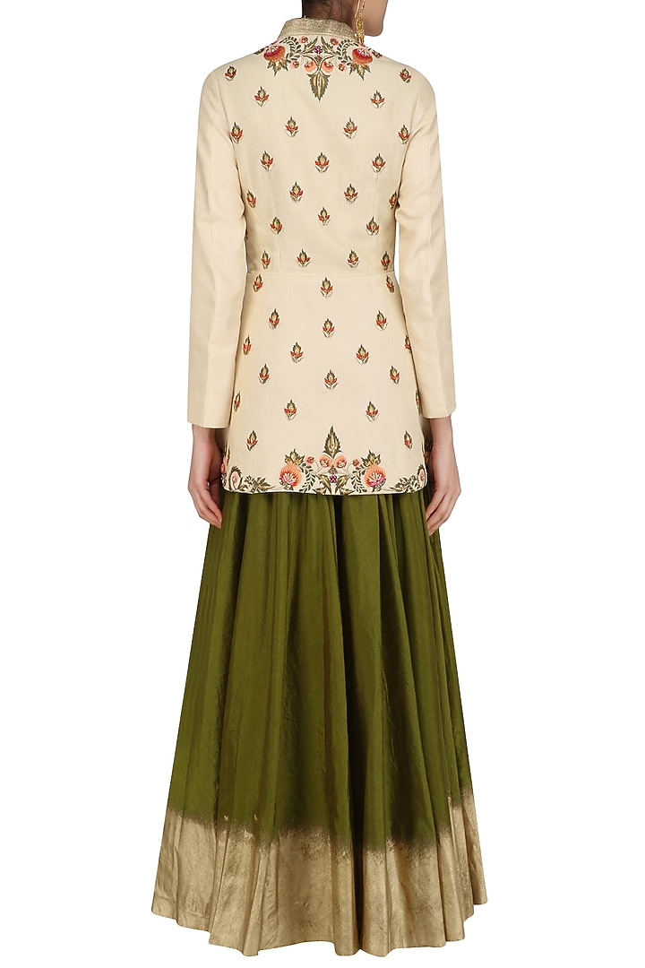 Gold floral embroidered jacket with olive shaded skirt available only at Pernia's Pop Up Shop.