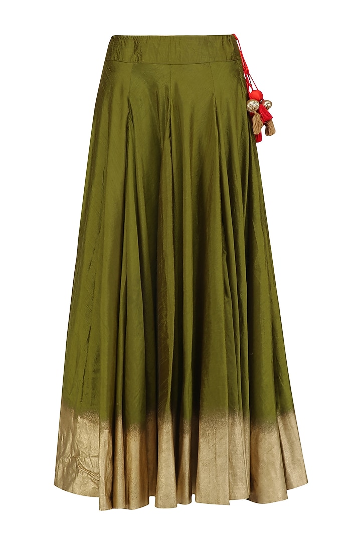 Gold floral embroidered jacket with olive shaded skirt available only at Pernia's Pop Up Shop.